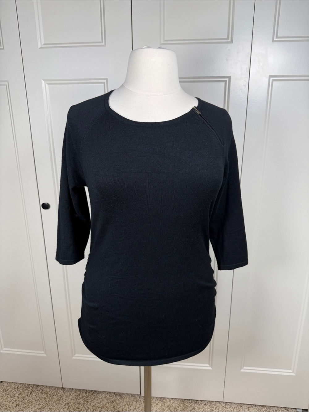 Love Always Black Crewneck Sweater with Zip Shoulder Detail and Side Ruching XL